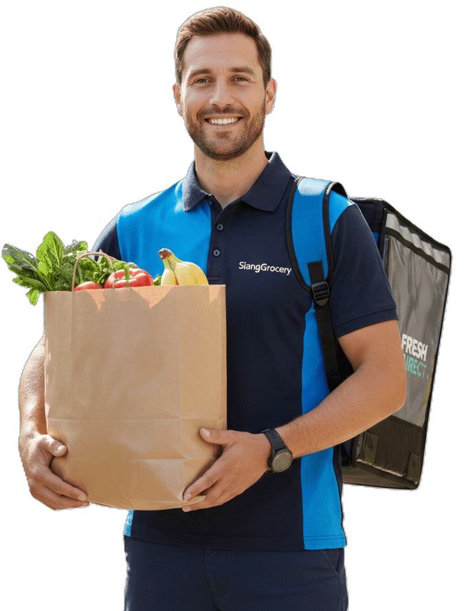 A courier holding a pack of groceries.